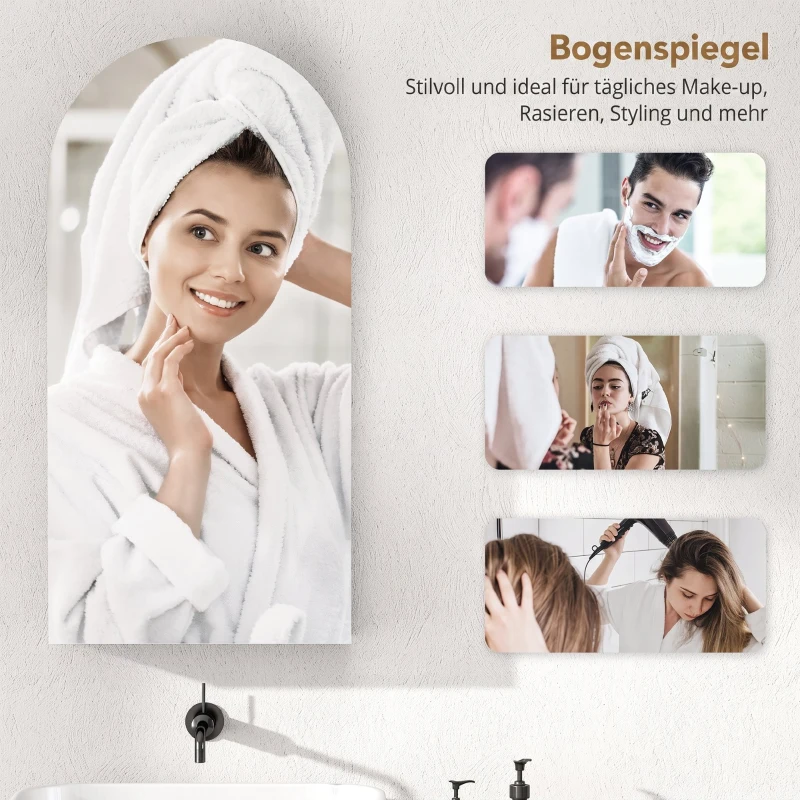 HOMCOM Badkamer-spiegelkast met frameloze boogspiegel en verstelbare glazen planken, zwart