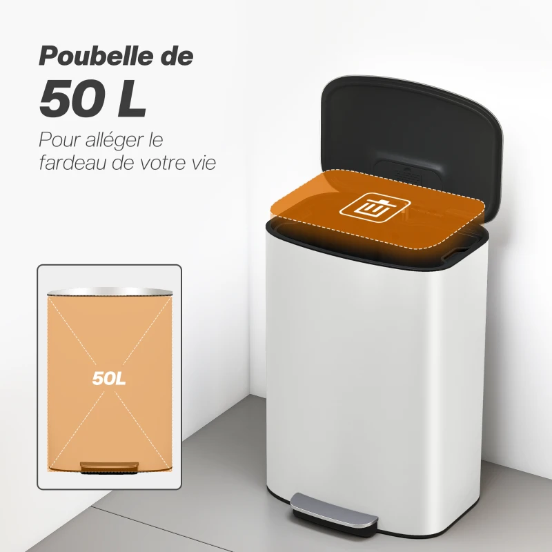 HOMCOM Poubelle cuisine 50L, poubelle à pédale, seau intérieur amovible, couvercle à fermeture douce, 45,1x36,5x62,6cm, crème