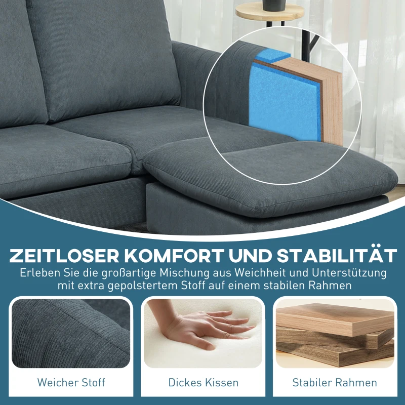 HOMCOM Hoekbank, 3-zitsbank met hocker, stoffen bekleding, L-vormige bankset, donkergrijs