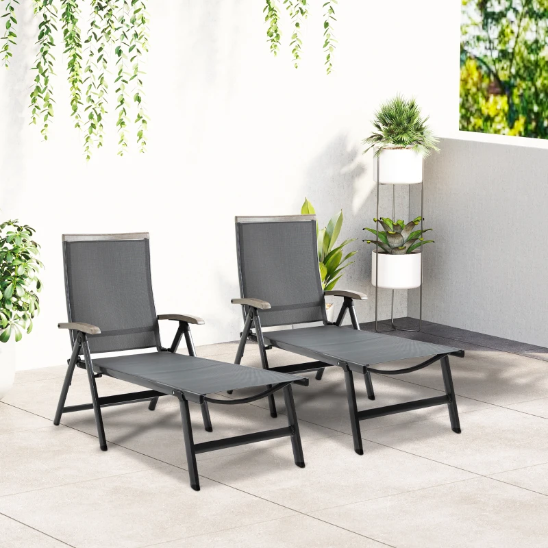 Outsunny Set of 2 Outdoor Folding Sun Loungers, 5-Position Adjustable Chaise Lounge Chairs with Aluminium Frame for Patio, Garden, Grey