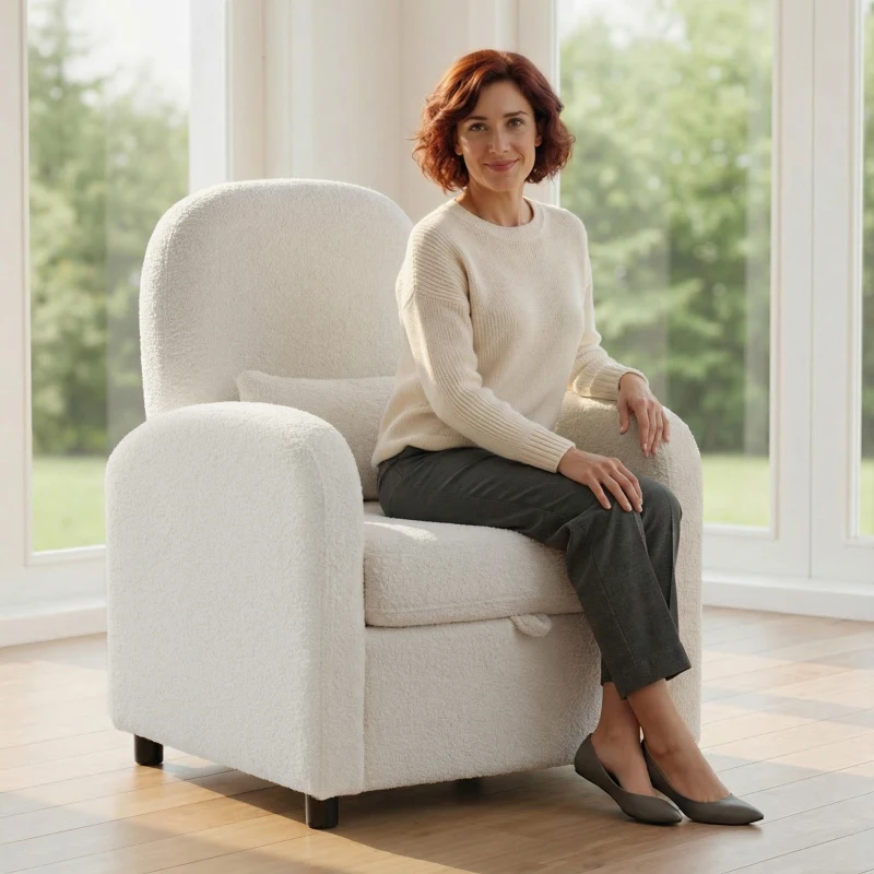 HOMCOM Poltrona Moderna con Spazio Contenitore a Scomparsa e Cuscino, Rivestimento in Pile Teddy, 76x77x95 cm, Crema