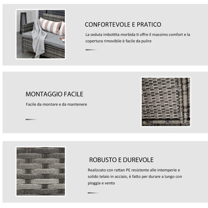 Outsunny Divanetto da Esterno 3 Posti in Rattan PE, Divano da Esterno con Cuscini Imbottiti e Removibili, per Terrazzo, Patio e Giardino, 173x68x78 cm, Grigio