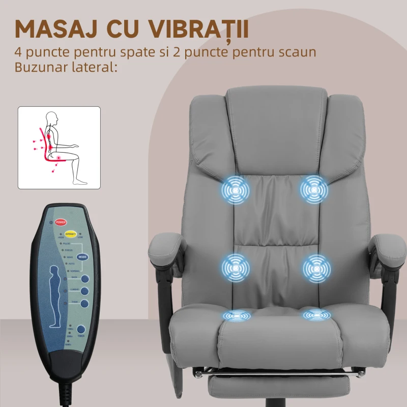 Vinsetto Fotoliu de Masaj și Reclinabil cu Suport pentru Picioare, din Piele Ecologică și Oțel, 66x75x112-122 cm, Gri(m-6)