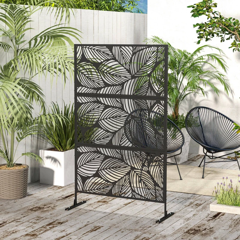 Outsunny Paravento da Esterno Decorativo in Acciaio Traforato con Design a Foglie, 122x198cm, Nero