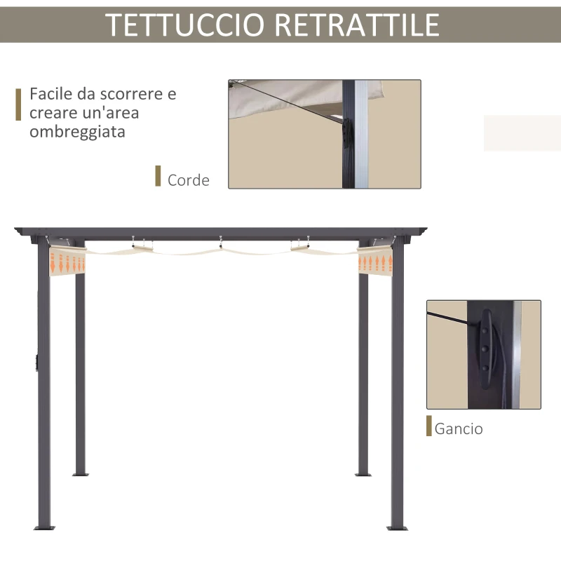 Outsunny Gazebo Pergola da Giardino 3x3m con Tenda Retrattile, in Alluminio e Poliestere, Bianco Crema