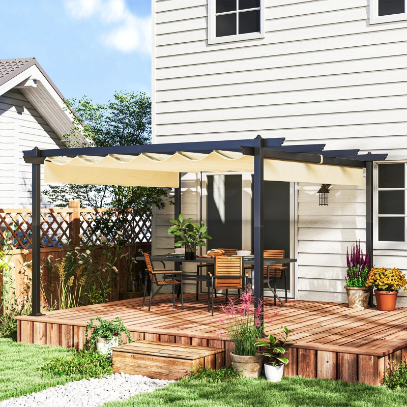 Outsunny Verstelbare Tuin-Pergola, Paviljoen met Aluminium Frame, Buiten Baldakijn, voor Tuin, Balkon, Terras, Beige