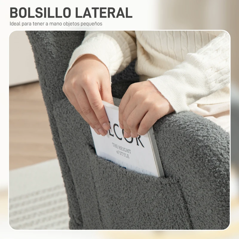 HOMCOM Mecedora de Borreguito con Respaldo Acolchado Almohada y Base de Madera de Caucho Carga 120 kg Gris