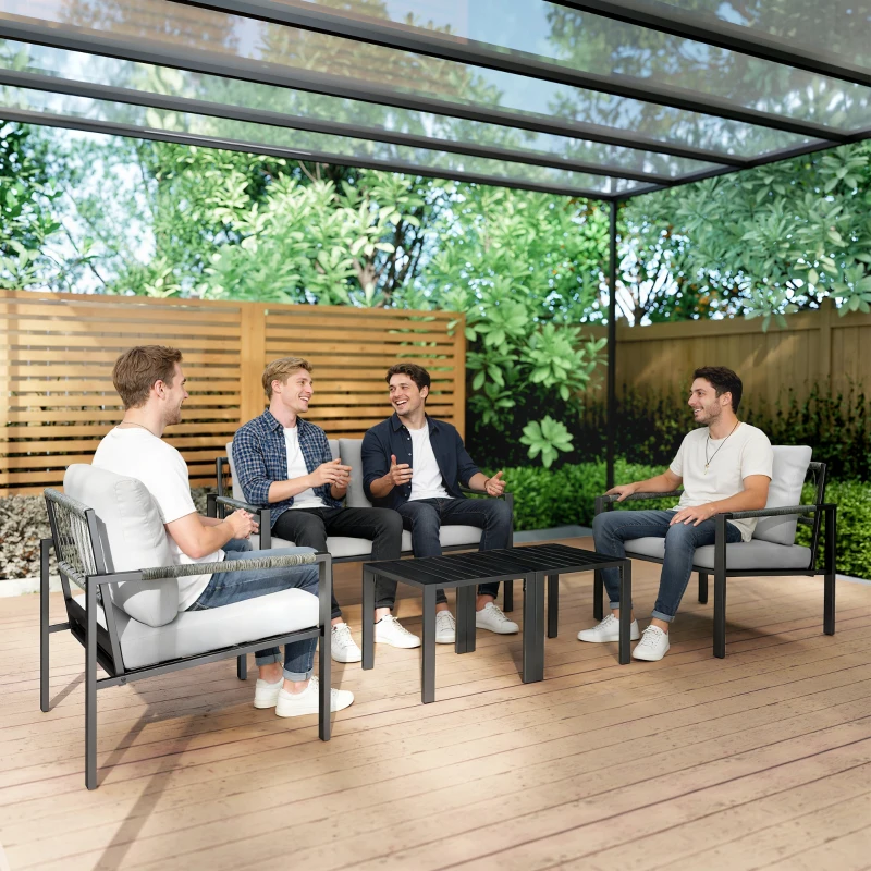 Outsunny Tuinmeubelset 4 personen weerbestendig balkonset met 2-persoonsbank, fauteuils, zitkussens, bijzettafel Lichtgrijs