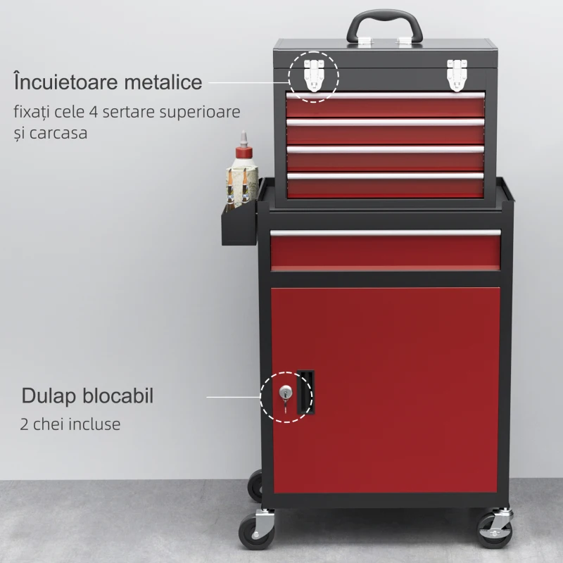 HOMCOM Carucior pentru unelte cu 5 sertare, cutie detașabilă și dulap din oțel cu cheie, roșu