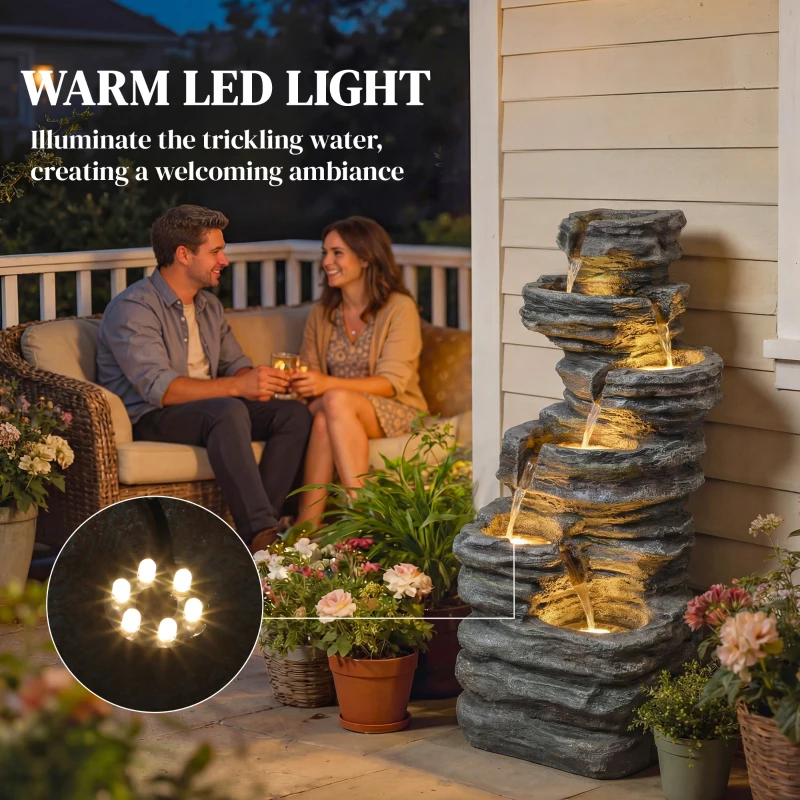 Outsunny Outdoor Fountain, 6-Tier Cascading Waterfall Feature with LED Lights, Resin Freestanding Garden Fountain, Grey