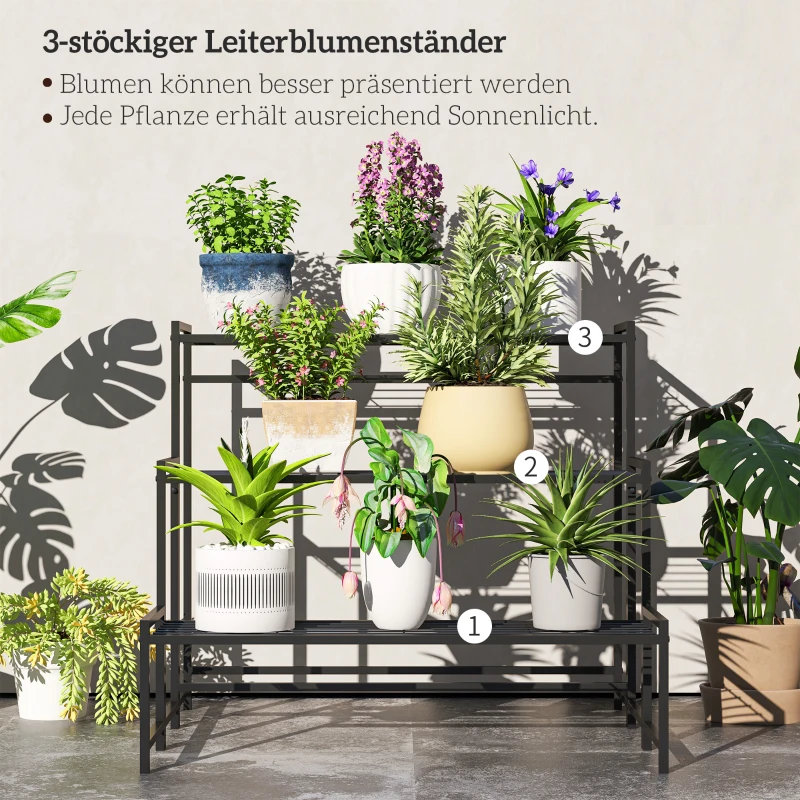 Outsunny Bloemenpotstandaard, 3-Laags Plantenstandaard in Trapvorm, Bloemenpotrek voor Binnen en Buiten, Metaal, Zwart