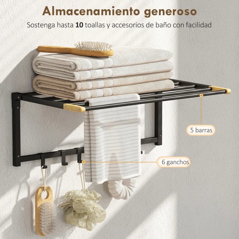 HOMCOM Toallero de Baño de Pared Toallero Plegable con 5 Barras y 6 Ganchos para Toallas Baño 60 cm Negro