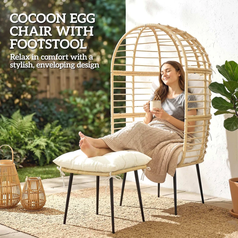 Outsunny Garden Egg Chair with Footstool, Rattan Indoor Outdoor Lounge Chair and Ottoman Set with Thick Cushions, Beige