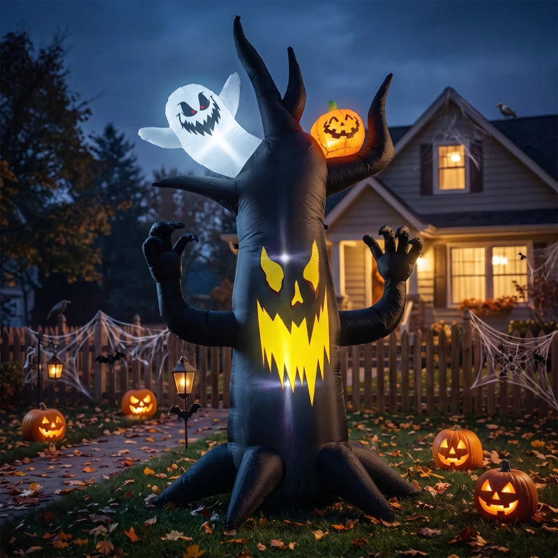 Outsunny 8 FT Halloween Inflatable Spooky Tree, Blow Up Decoration with Ghost and Pumpkin for Garden Indoor Outdoor Decor