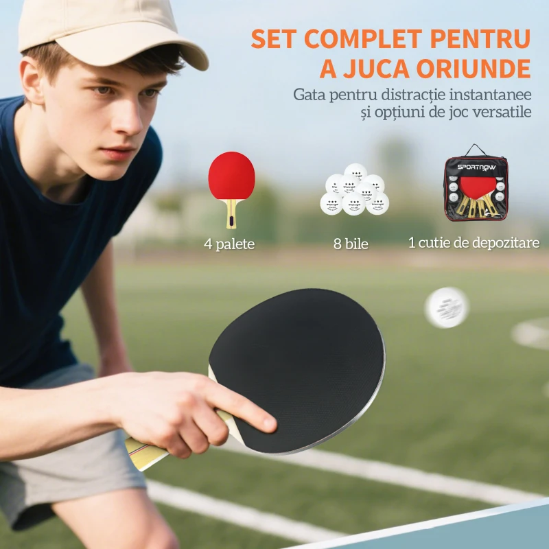 SPORTNOW Set 4 palete de tenis de masă și 8 mingi, cu husă pentru transport, roșu și negru