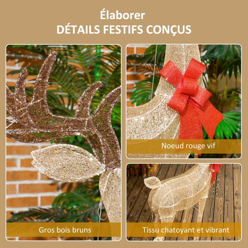 Outsunny Renne de Noël lumineux, décoration renne lumineux Noël en acier, avec 137 LED blanc chaud, 66 x 25 x 135 cm, or