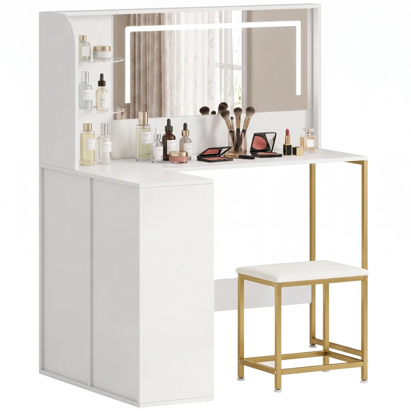 HOMCOM Dressing Table with LED Mirror and Stool, L-Shaped Vanity Desk with Drawers and Shelves, White