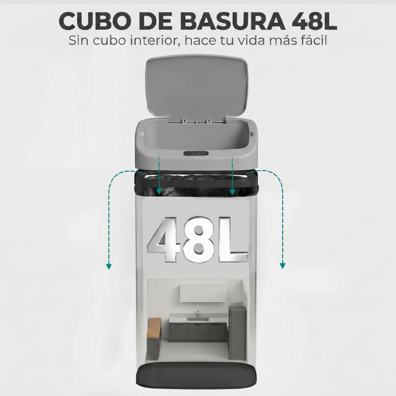 HOMCOM Cubo de Basura Cocina Automático 48 L Sensor Infrarrojo Cierre Automático Antihuellas Acero Inoxidable Plata