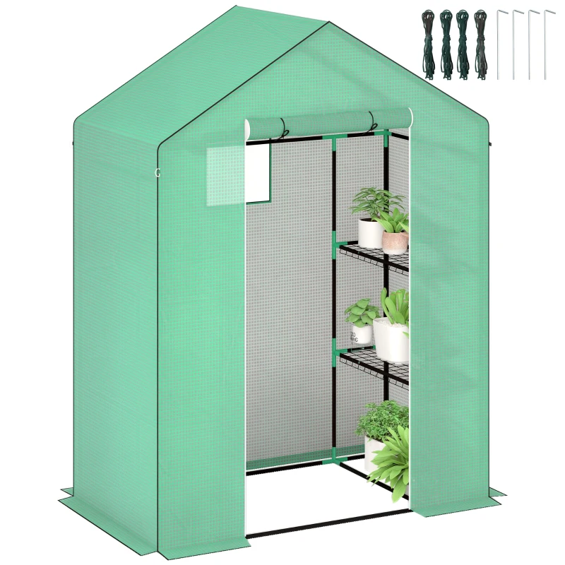Outsunny Kas met Schappen, Mini-Kas, UV-bestendig, Netramen, Ritssluitingdeur, 143L x 74B x 190H cm, Groen