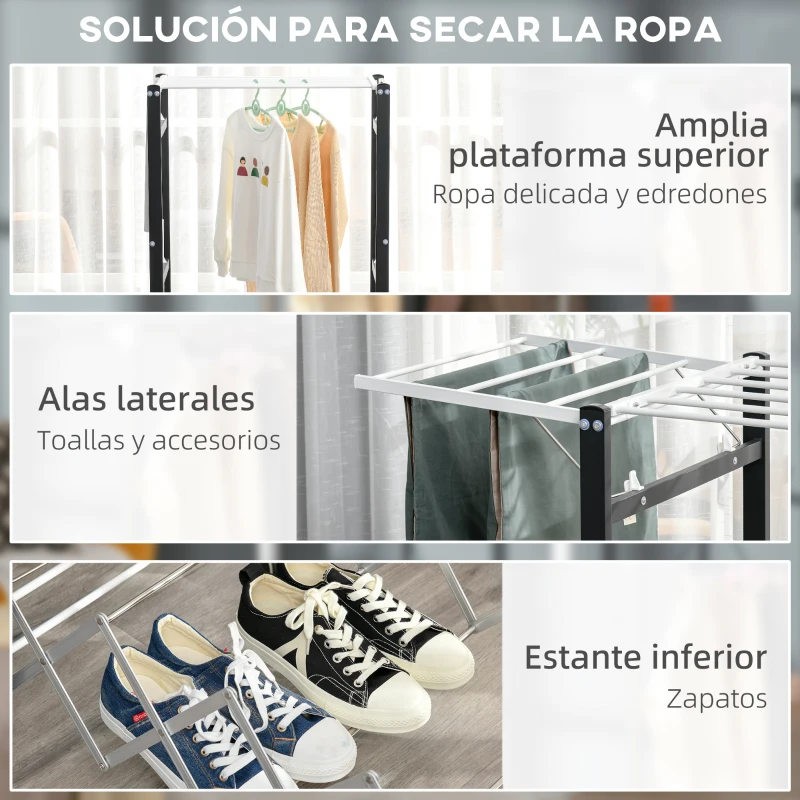 HOMCOM Tendedero de Ropa con Ruedas Plegable Tendedor Vertical de Aluminio con 4 Alas Laterales y Estante 157,5x54x101cm Blanco