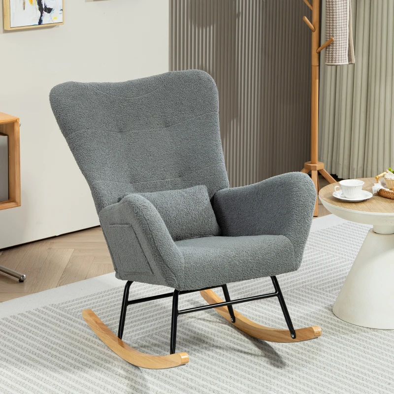 HOMCOM Mecedora de Borreguito con Respaldo Acolchado Almohada y Base de Madera de Caucho Carga 120 kg Gris