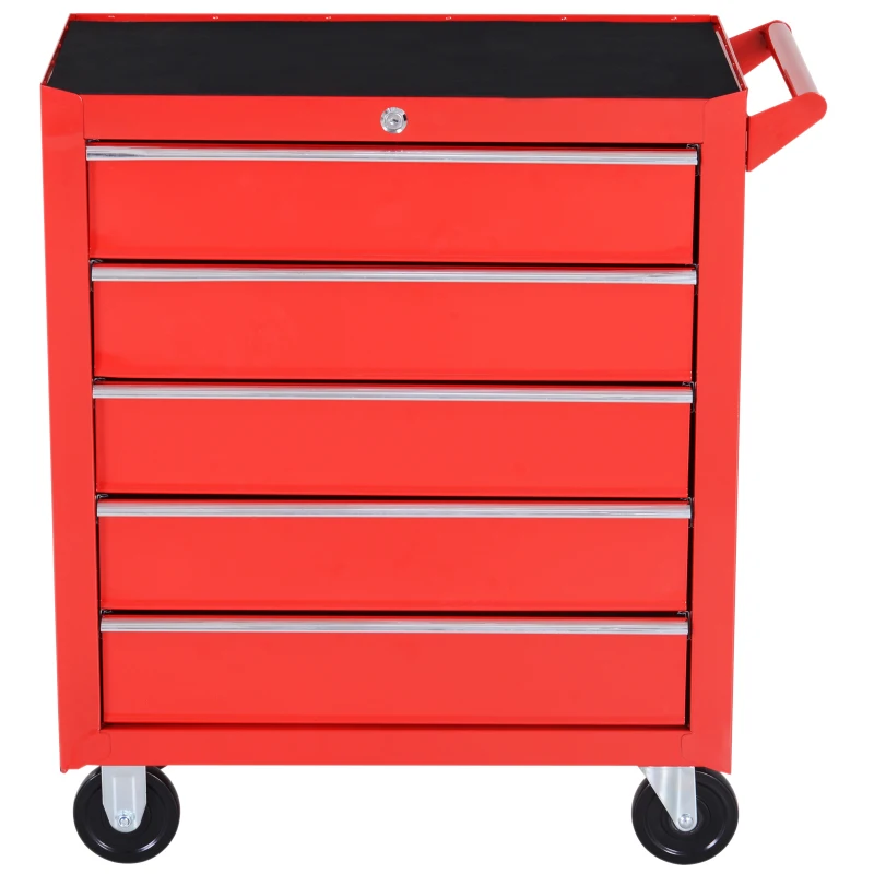 DURHAND 5-Drawer Lockable Tool Storage Cabinet with Wheels, Handle, 2 Keys, Steel Home Work DIY Workshop Chest, Garage Equipment Trolley, Red