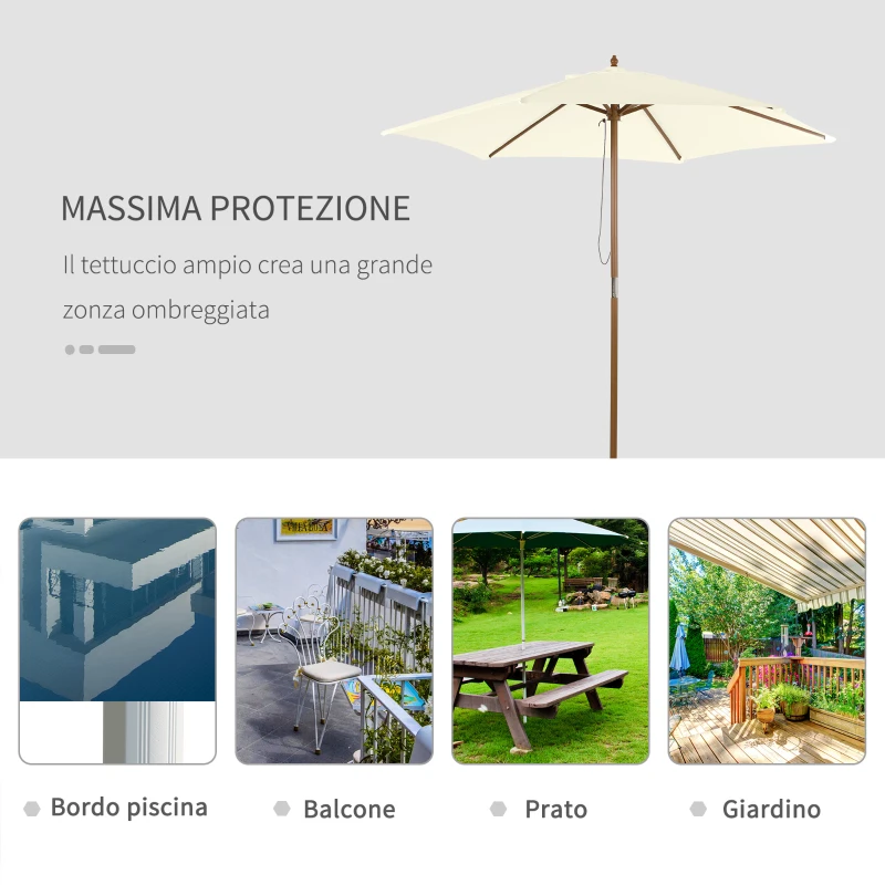 Outsunny Ombrellone da Giardino 2.5x2.3 m a 6 Stecche, in Legno e Poliestere, Bianco Crema