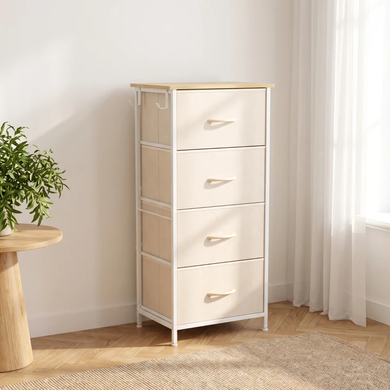 HOMCOM Commode 4 tiroirs en tissu, meuble de rangement avec 4 poches, 2 crochets, structure en acier, 45 x 30 x 94,5 cm, Beige