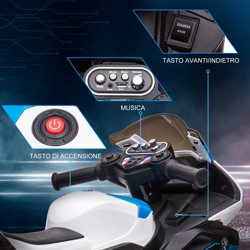 HOMCOM Moto per Bambini 18-60 Mesi Modello BMW HP4 con Fari, Musica e Pedali, in PP e Metallo, 82.5x42x54 cm, Blu