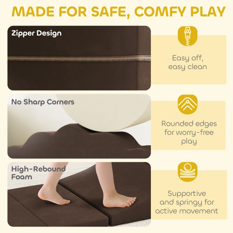 AIYAPLAY 7 Piece Kids Soft Play Set with Detachable Cover, Baby Indoor Climb and Crawl Foam Toy for Toddlers, Brown