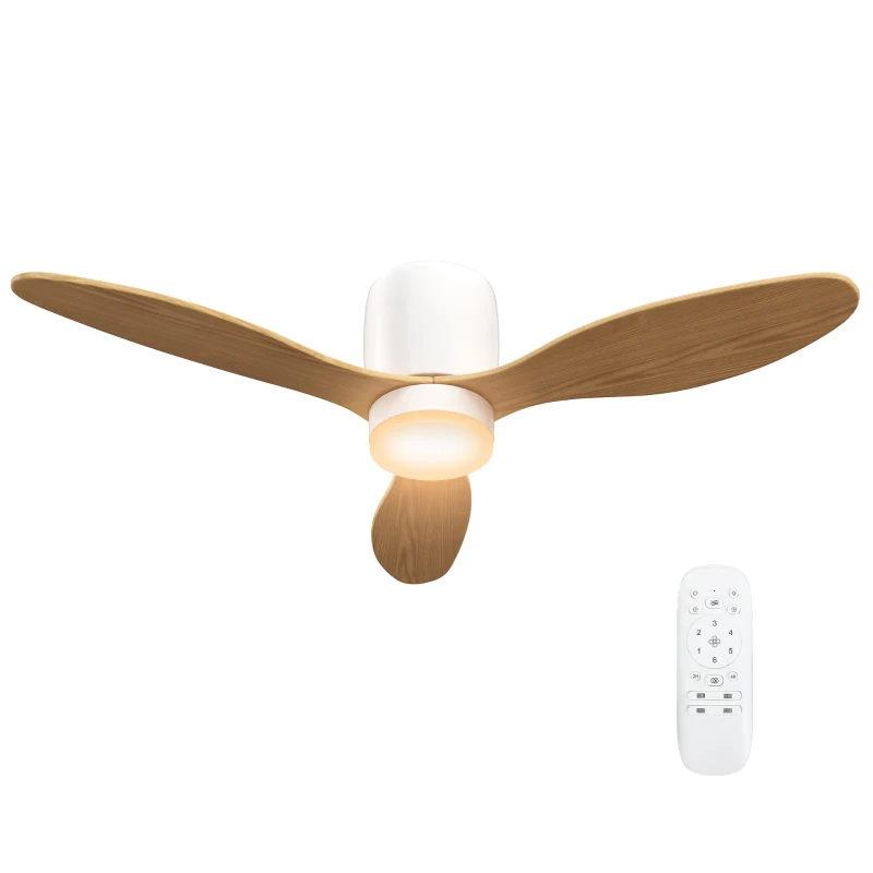 HOMCOM Plafondventilator met instelbare verlichting en afstandsbediening 115 cm, 3 kleuren, 3 bladen, 6 snelheden, timer, Naturel
