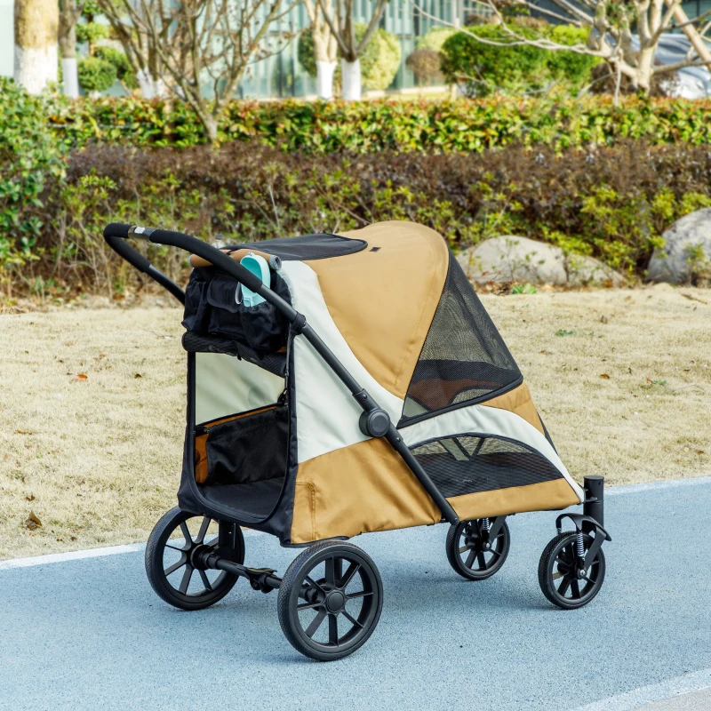 PawHut Hondenwagen, opvouwbare hondenbuggy voor middelgrote honden, dierenwagen met 4 wielen, veiligheidsriemen, remmen, bruin