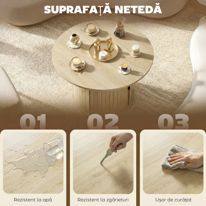 HOMCOM Măsuță de cafea rotundă Ø80 cm, cu spațiu de depozitare, bază tip coloană cu șipci, lemn natural