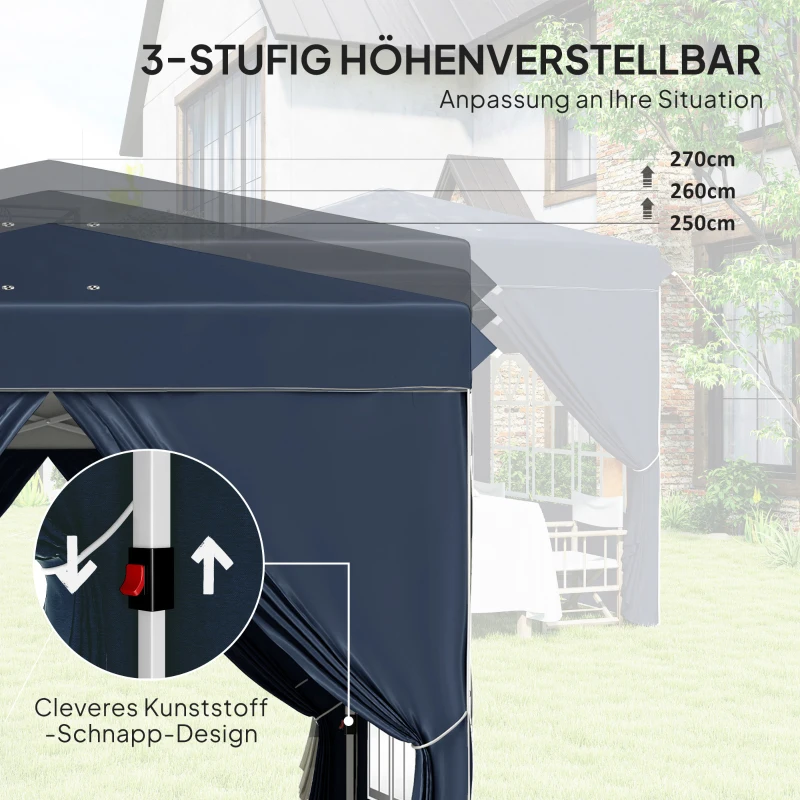 Outsunny 2,5 x 2,5 m pop-up paviljoen met zijwanden en draagtas, UPF50+ in hoogte verstelbaar tuintent, Donkerblauw