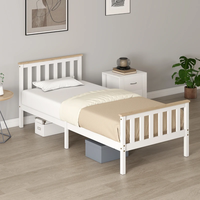 HOMCOM Eenpersoons-bedframe, houten bedframe, opbergruimte onder, natuurhout, wit