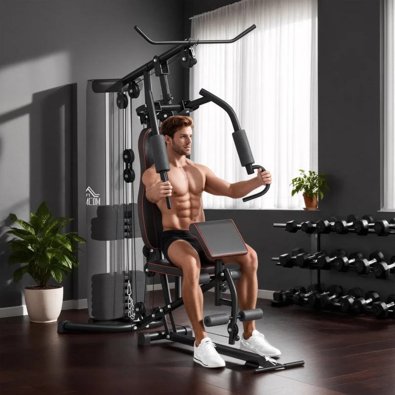 HOMCOM Fitnessapparaat voor thuis, Trainingsstation, Halterbank, Borstpers, Staal, 170x104x205 cm, Zwart