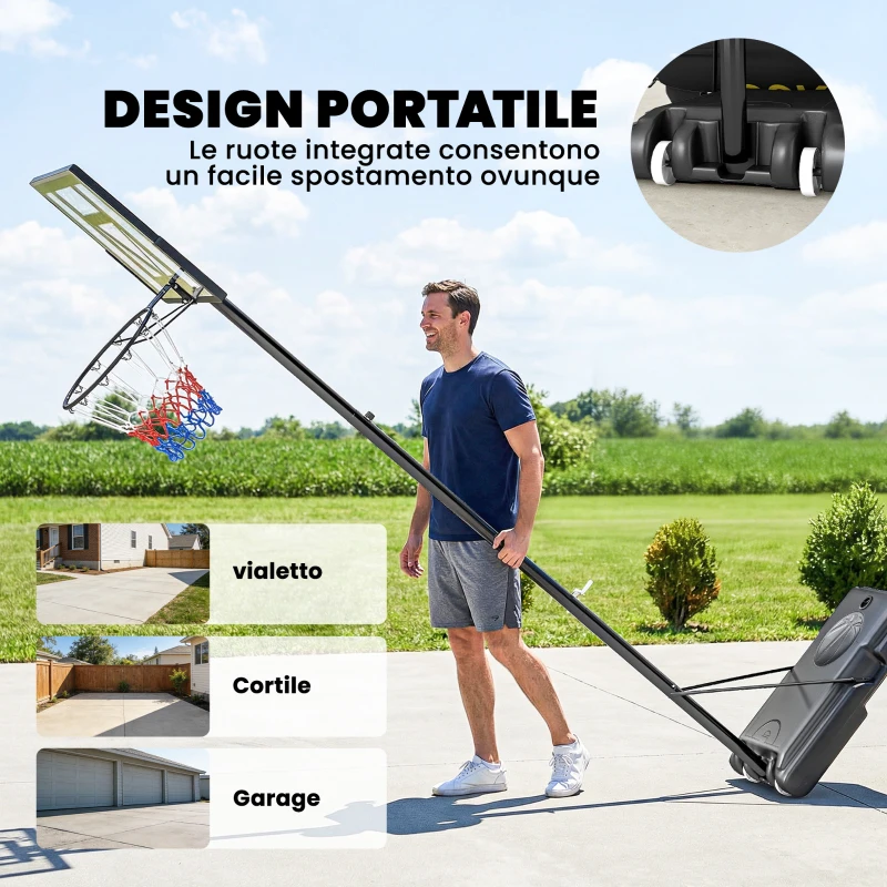 SPORTNOW Canestro Basket Regolabile con Base Riempibile e Ruote, in Acciaio e PE, 90x60x135-305 cm, Nero