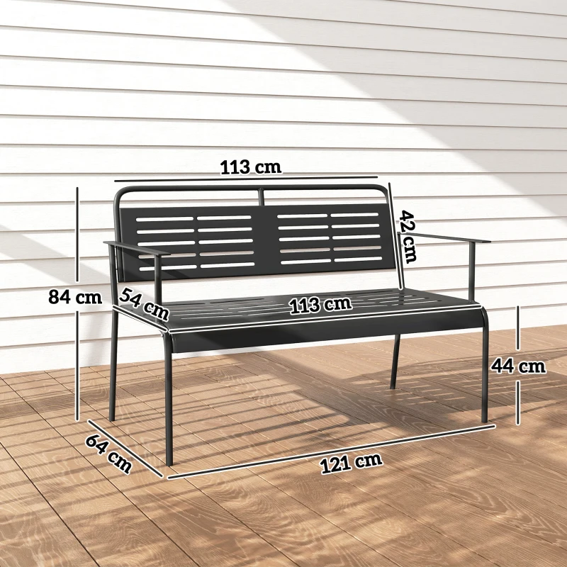 Outsunny 2-Persoons Weerbestendige Tuinbank, Waterbestendige Tuinmeubels met Rug- & Armleuningen 121 x 64 x 84cm, Zwart