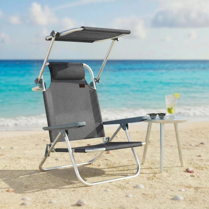 Outsunny Inklapbare ligstoel tuinligstoel met hoofdkussen en verstelbaar zonnedak 6-voudig verstelbare rugleuning 62 x 68 x 79 cm Donkergrijs
