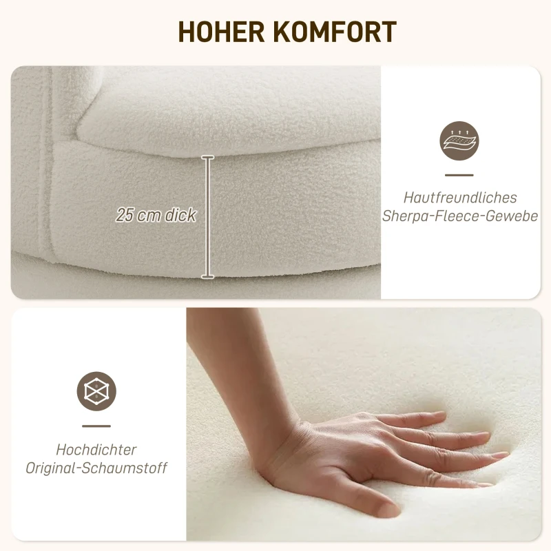 HOMCOM Draaibare gestoffeerde fauteuil, moderne loungefauteuil met frame van rubberhout, voor woonkamer en slaapkamer, crèmewit
