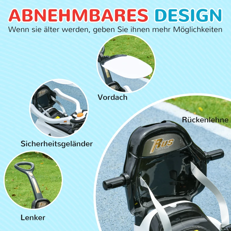 AIYAPLAY 2-in-1 Loopauto, Afneembaar Zonnedak, Lichtjes, Muziek, Toeter, Kunststof en Metaal, 96 x 39 x 90 cm, Wit/Zwart