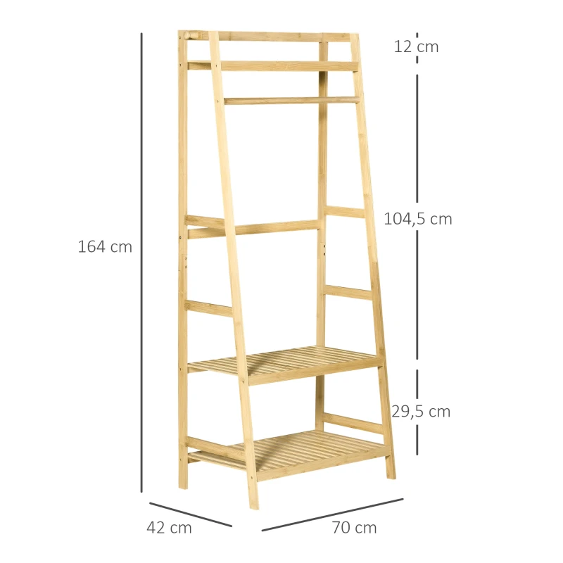 HOMCOM Perchero de Pie de Bambú Perchero Trapezoidal con Estantería de 3 Niveles con Barra y Colgador 70x42x164 cm Natural