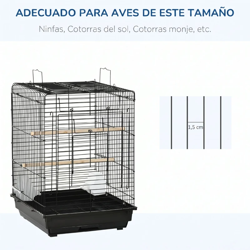 PawHut Jaula para Pájaros Jaula de Aves 40x40x59 cm con Techo Abatible 2 Perchas 2 Comederos y Bandeja Extraíble Negro