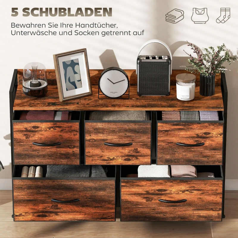 HOMCOM Ladekast met Opvouwbare Stoffen Lades, Melaminehout, Stalen Frame, Bruin