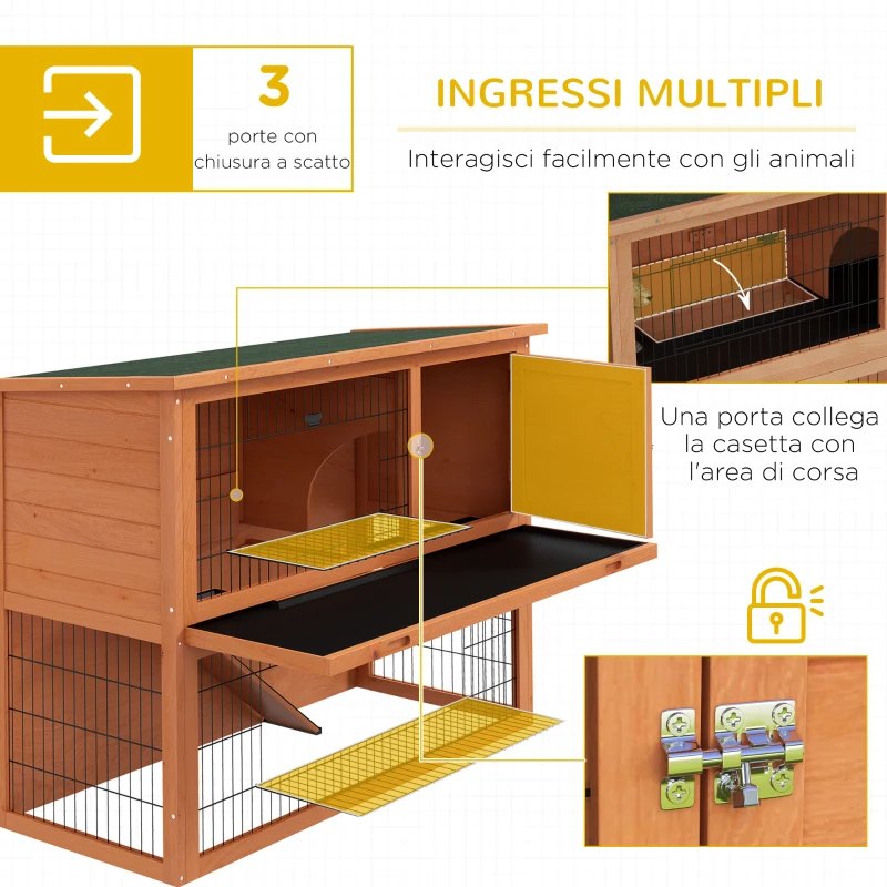 PawHut Conigliera da Esterno a 2 Livelli in Legno con Vassoio Rimovibile per 1-2 Conigli, Arancione
