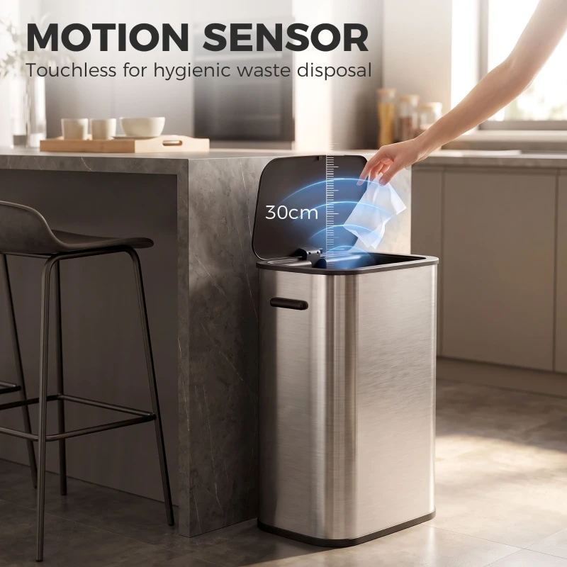 HOMCOM 55L Sensor Bin for Kitchen, Touchless Automatic Waste Rubbish Bin, Stainless Steel, Battery Operated, Silver Tone