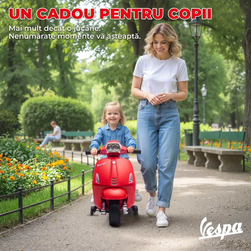 AIYAPLAY Motocicletă Electrică pentru Copii cu Licență Vespa, Baterie Reîncărcabilă 6V, Roți Ajutătoare și Lumini, Roșu