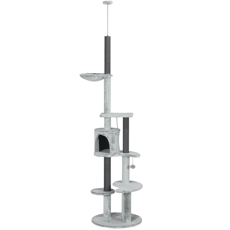 PawHut Krabpaaltje met Plafondspanner, Hangmat, Huis, Platforms, Speelbal, 225-255cm, Grijs