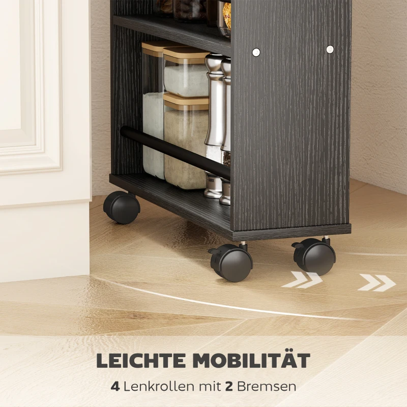 HOMCOM Multifunctioneel rek met wielen, slank ontwerp, 4 vakken, 45x15x91 cm, zwart