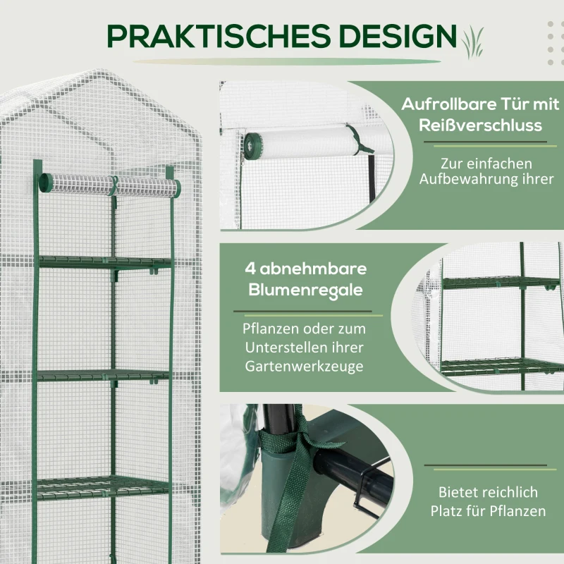 Outsunny Kas met Planken, Weerbestendig, Oprolbare Deur, 70 cm x 50 cm x 160 cm, Wit + Zwart